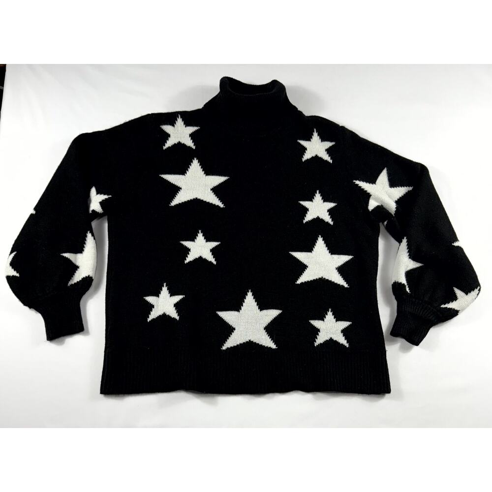 Zenana women XL Black sweater with white Star Oversize turtleneck Bishop-Sleeve - Picture 5 of 7